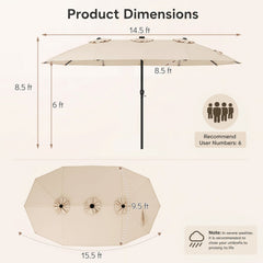 15.5 ft Patio Umbrella with Solar LED Lights & Crank