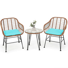 3-Piece Rattan Bistro Set with Cushions and Glass Table