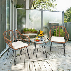 3-Piece Rattan Bistro Set with Cushions and Glass Table