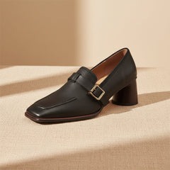 Women's Retro British Style Chunky Heel Leather Shoes – Round Toe Commuter