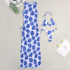 Women's Solid Color Three-Piece Bikini Set with Maxi Dress Cover-Up