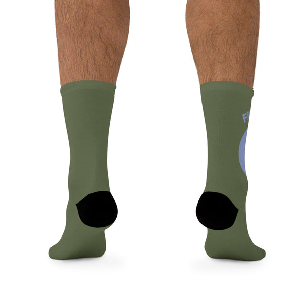 Eco Crew Socks — Recycled Poly Olive Socks with Retro Runner Logo
