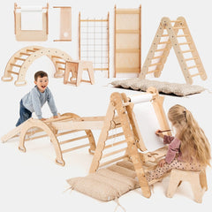 in1 Mon6tessori Climbing Set: Triangle Ladder + Arch/Rocker + Slide/Ramp + Net + Cushion + Art Addition