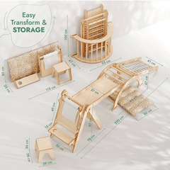in1 Mon6tessori Climbing Set: Triangle Ladder + Arch/Rocker + Slide/Ramp + Net + Cushion + Art Addition