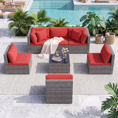 7-Piece Patio Conversation Set with Glass Table & Cushions