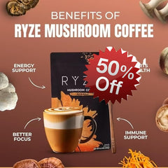 RYZE SUPERFOODS Mushroom Medium Roast Coffee Starter Kit, USDA Organic Instant Coffee with 6 Adaptogenic Mushrooms and for Energy, Focus, Digestion, Immunity with Lions Mane & Turkey Tail 30 Serving