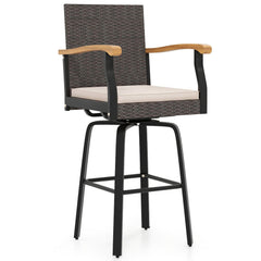 360° Swivel Outdoor Bar Stool with Cushion & Wood Armrests