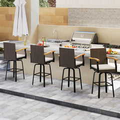 360° Swivel Outdoor Bar Stool with Cushion & Wood Armrests