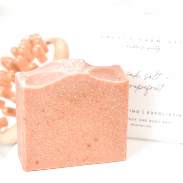 Handmade Pink Salt and Grapefruit cleansing soap bar with tallow and goat milk ingredients