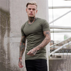 Men Fashion V Neck Short Sleeve Fitness Workout Summer Breathable Cotton