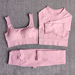 Women's Sportswear Yoga Set Workout Clothes Athletic Wear Sports Gym Legging Seamless Fitness Bra Crop Top Long Sleeve Yoga Suit